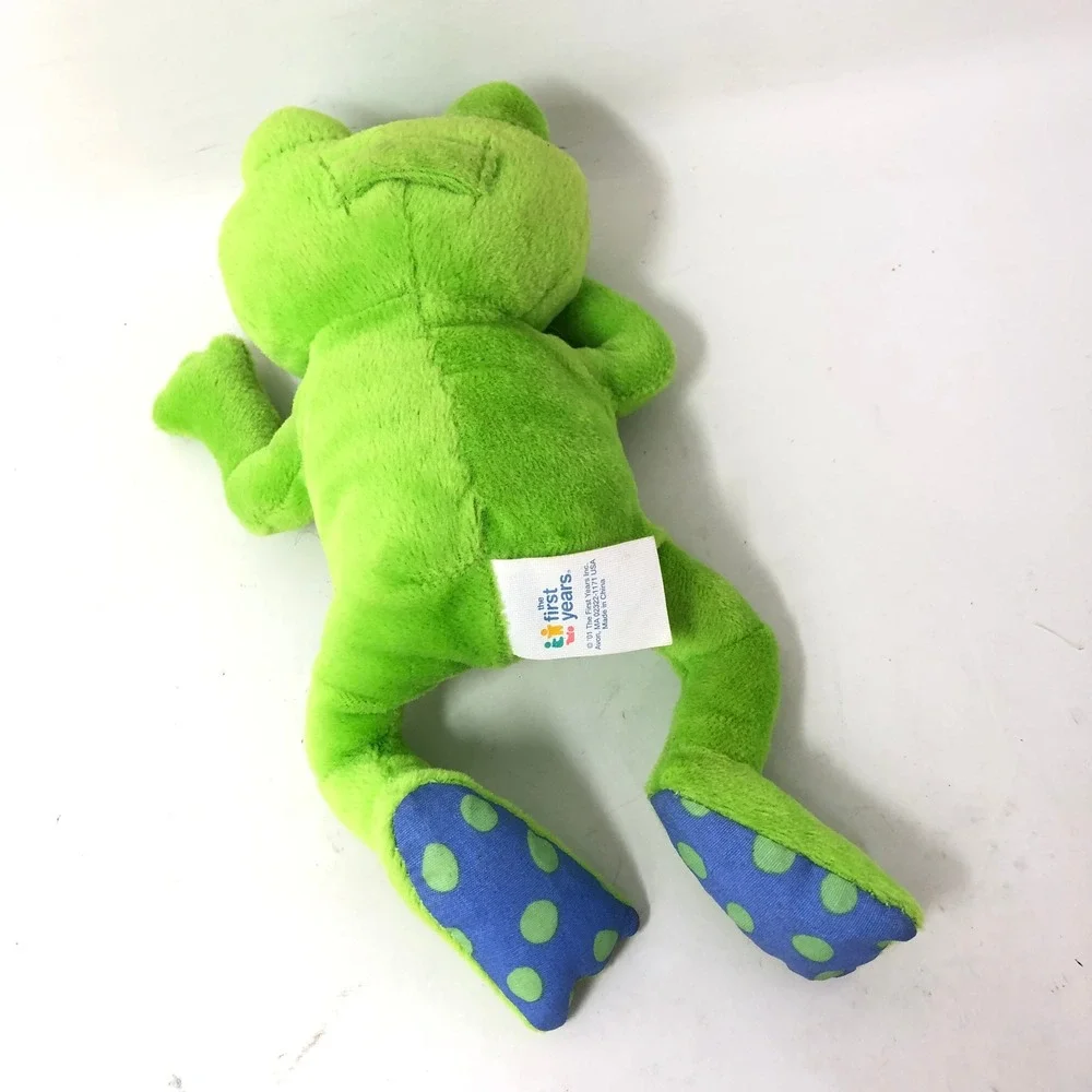 First Years Frog Plush Vintage 2001 Green Polka Dot Belly Tongue Out Rattle